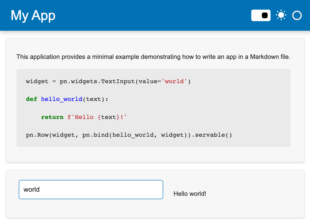 The rendered Panel application written as a Markdown file.