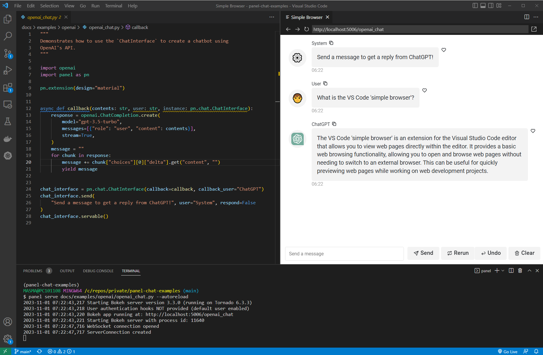 Panel in VS Code simple browser